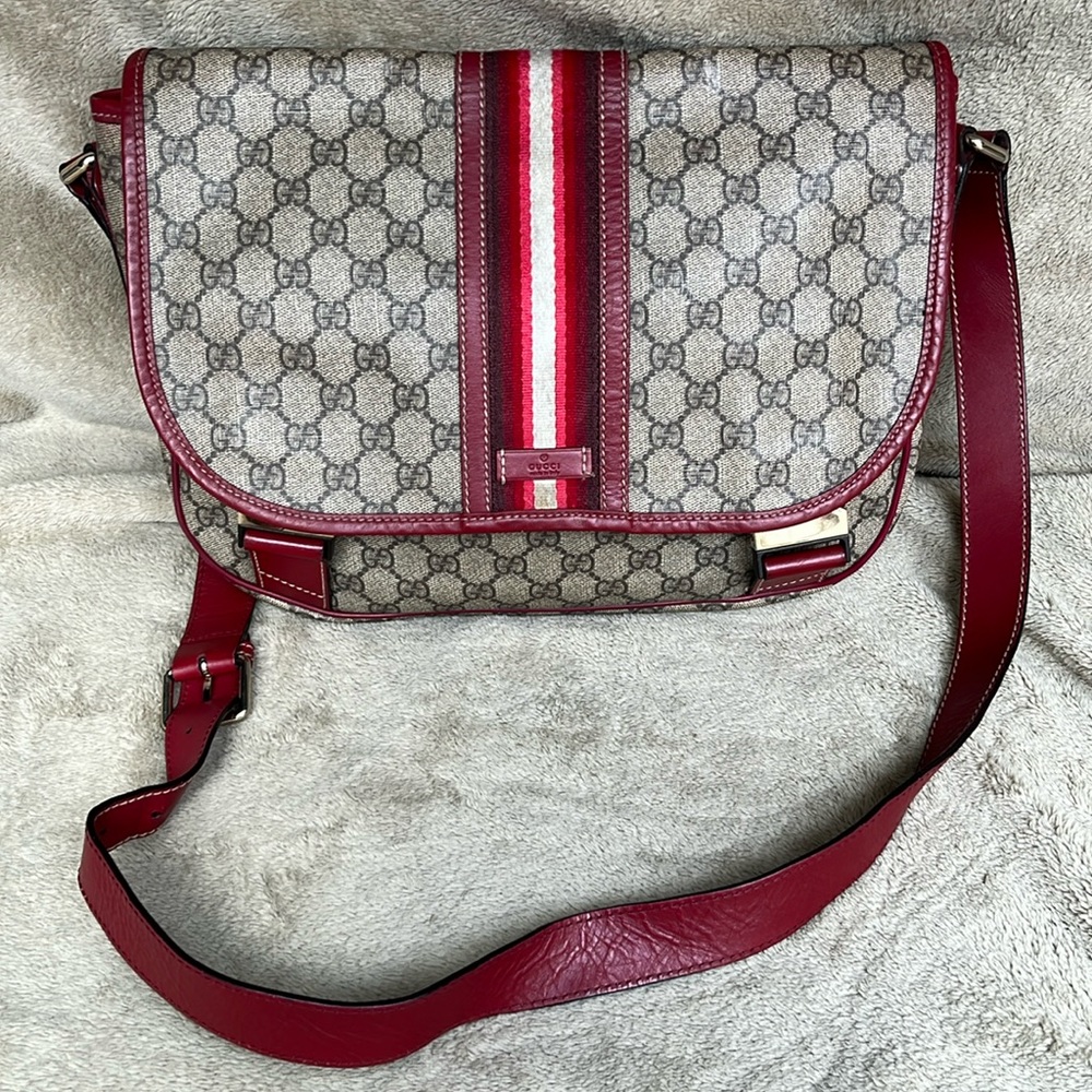 Gucci Messenger Bag, Very Rare, Coated Canvas, Red Leather Trim, Crossbody Strap